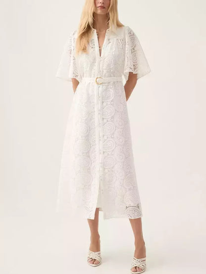 Belted Paisley Lace Ivory Midi Dress in elegant white lace with intricate detailing