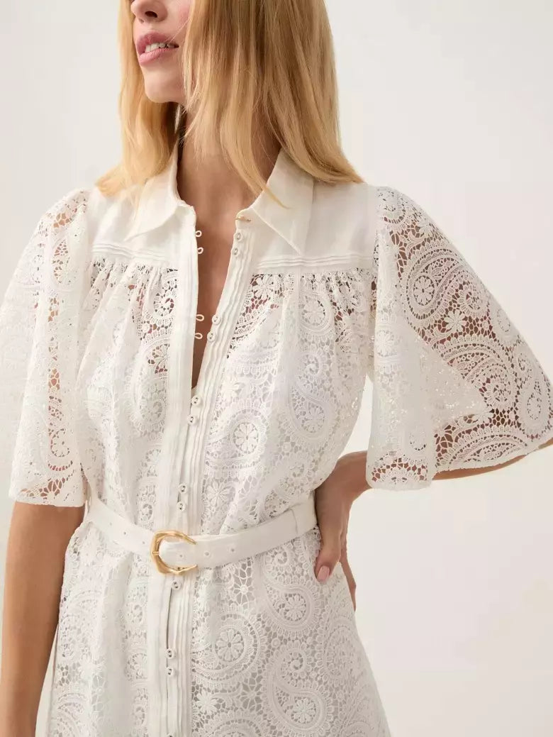 Belted Paisley Lace Ivory Midi Dress featuring a white lace shirt dress with belt