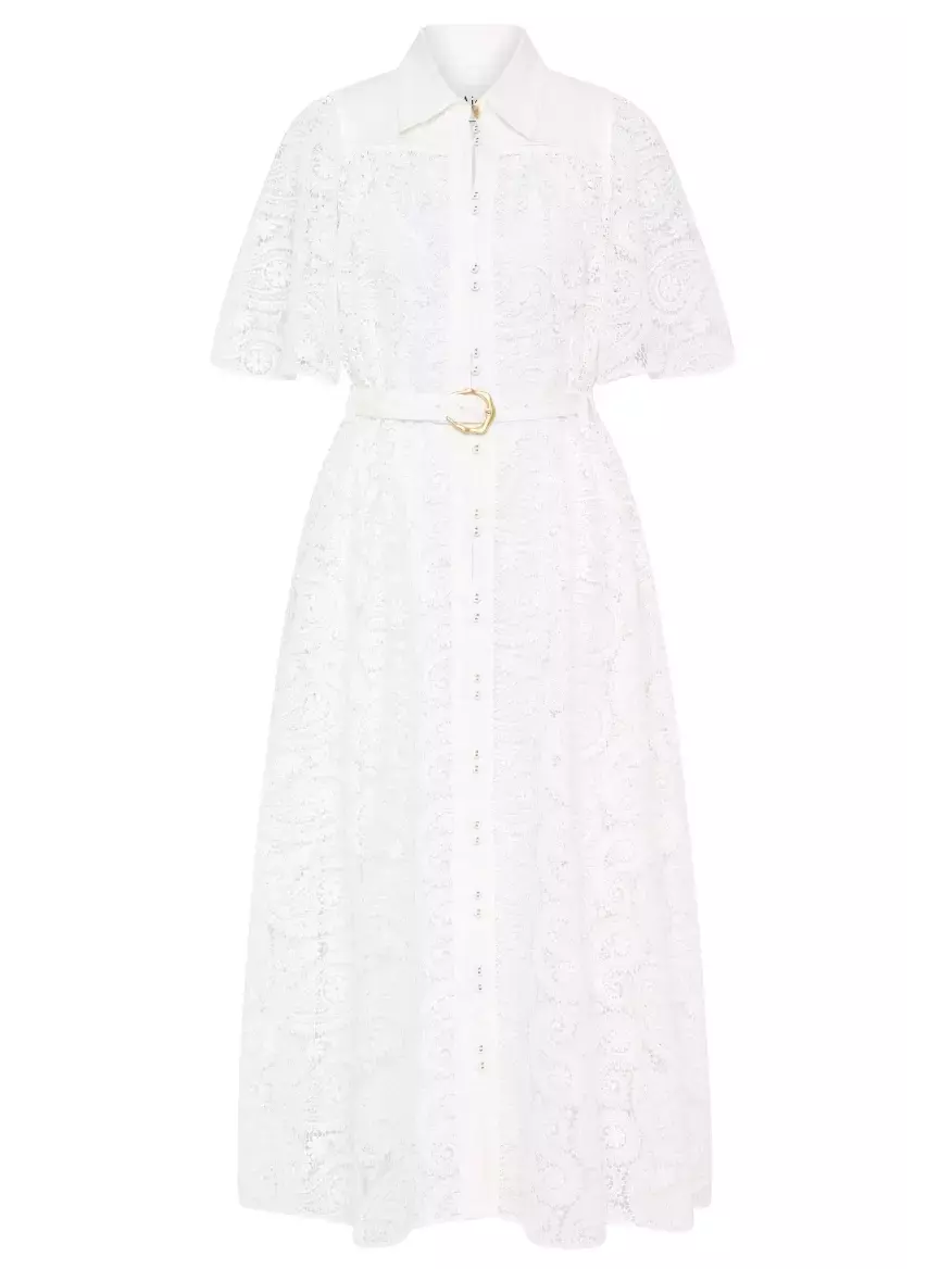 Belted Paisley Lace Ivory Midi Dress featuring a white lace dress with a stylish belt