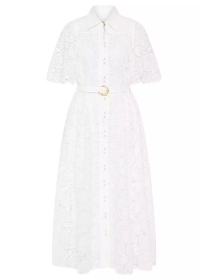 Belted Paisley Lace Ivory Midi Dress featuring a white lace dress with a stylish belt