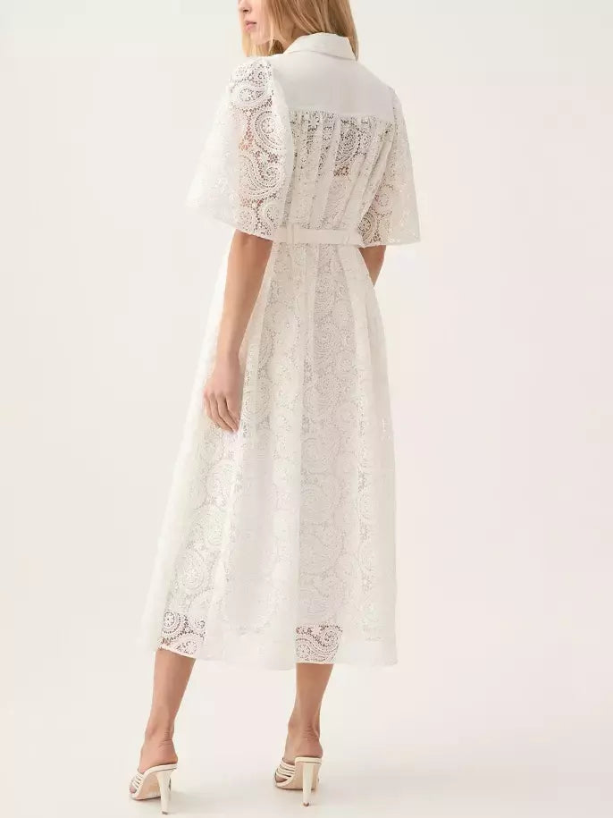 Belted Paisley Lace Ivory Midi Dress showcasing elegant white lace design