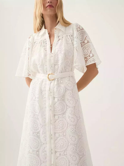 Belted Paisley Lace Ivory Midi Dress displayed, featuring a stylish white lace dress with belt