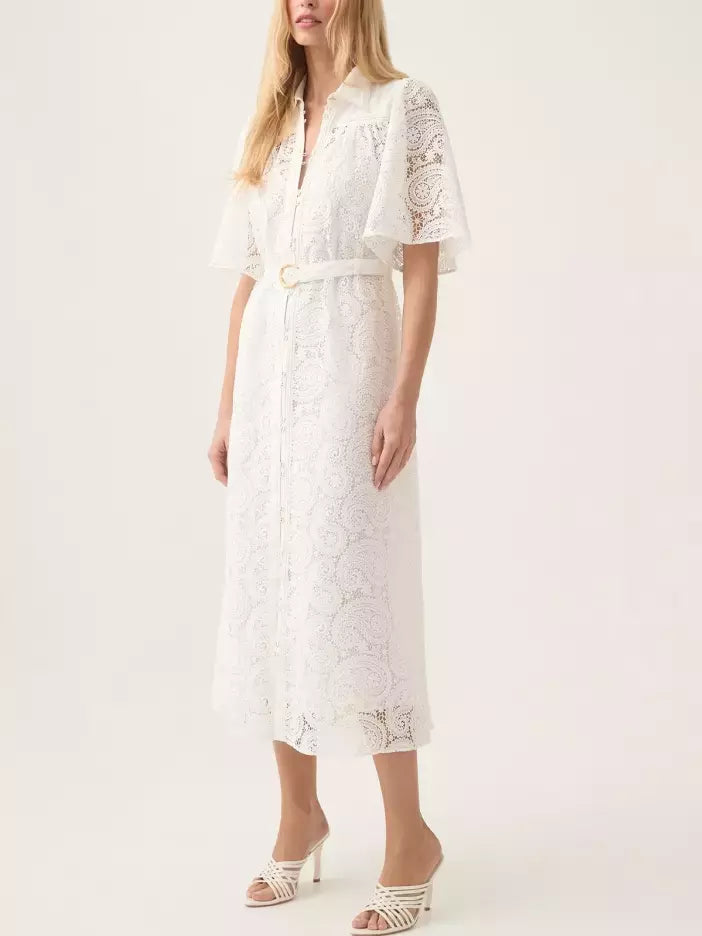 White lace dress with belt featuring a stylish design in Belted Paisley Lace Ivory Midi