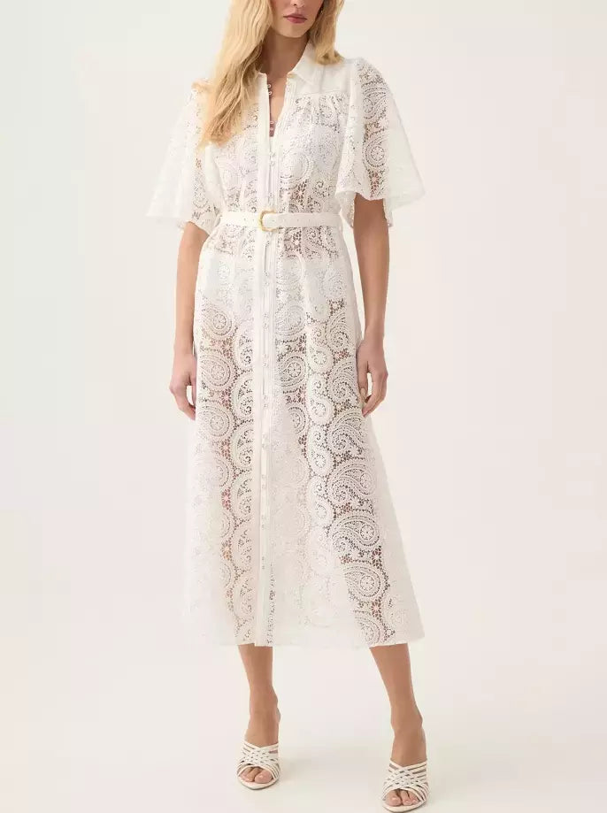 Belted Paisley Lace Ivory Midi Dress featuring a stylish white lace design with belt