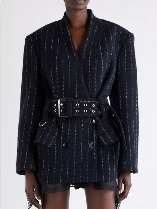Belted Pinstripe Wool-Blend Blazer - Small - Jackets
