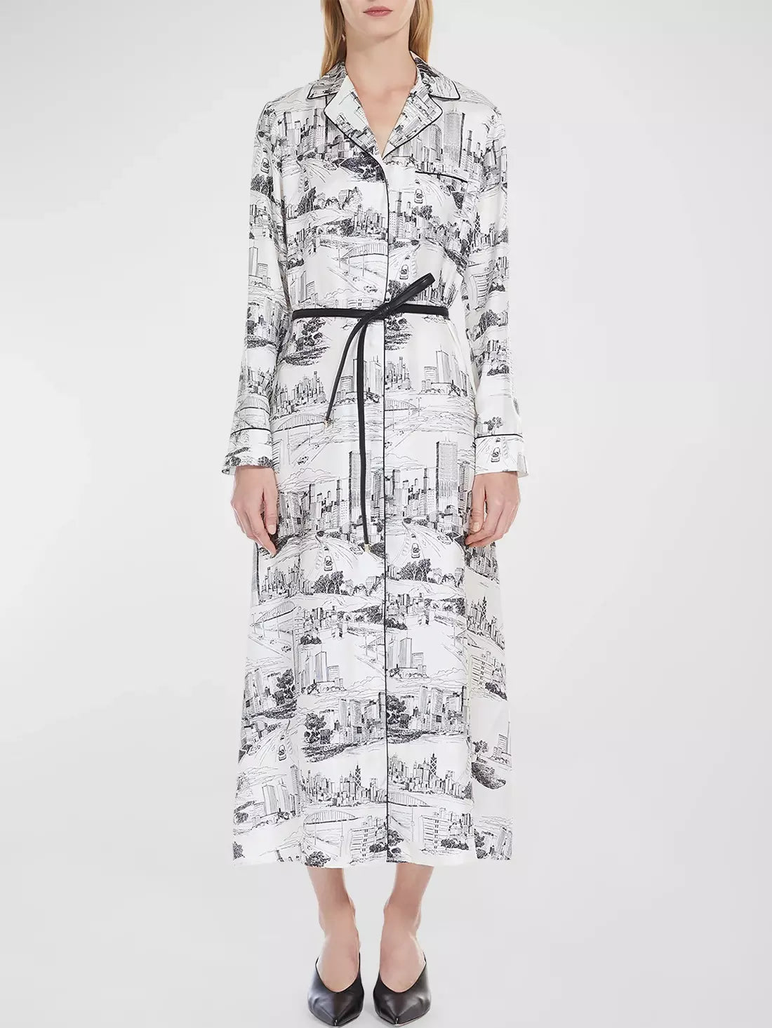 Long-sleeved belted print lounge robe midi dress with black belt and city print design