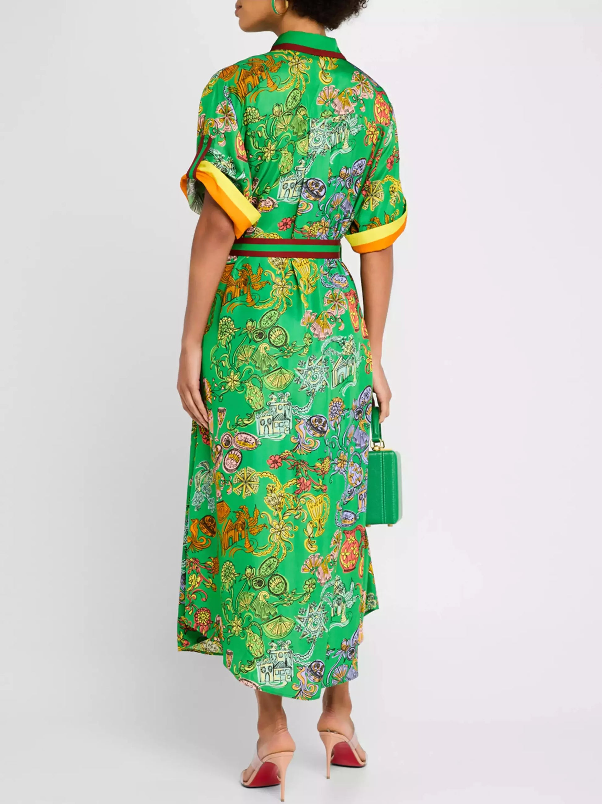 Green patterned midi dress featuring a belted printed color block trim design
