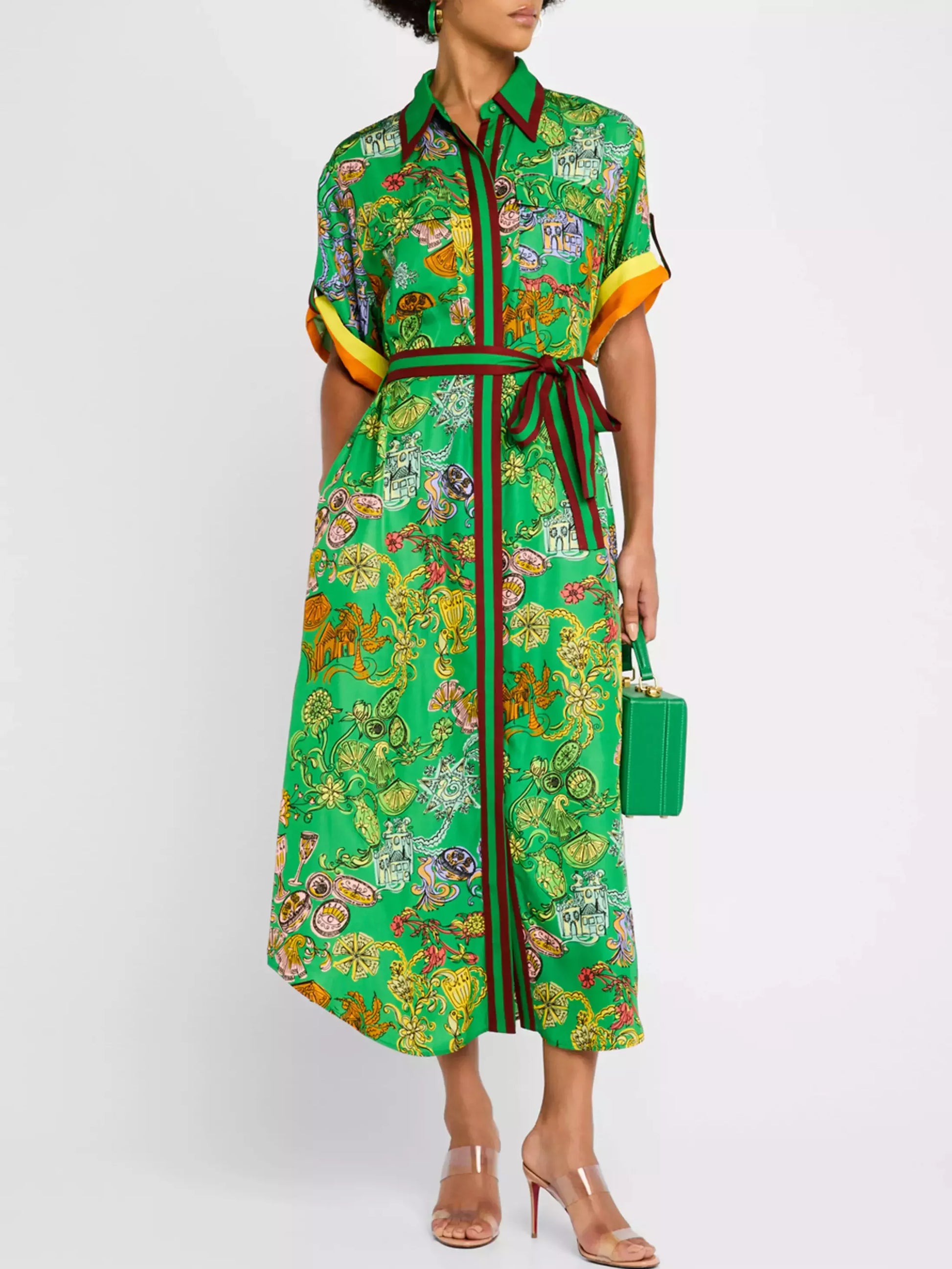 Green patterned Belted Printed Color Block Trim Midi Shirt Dress for stylish outfits