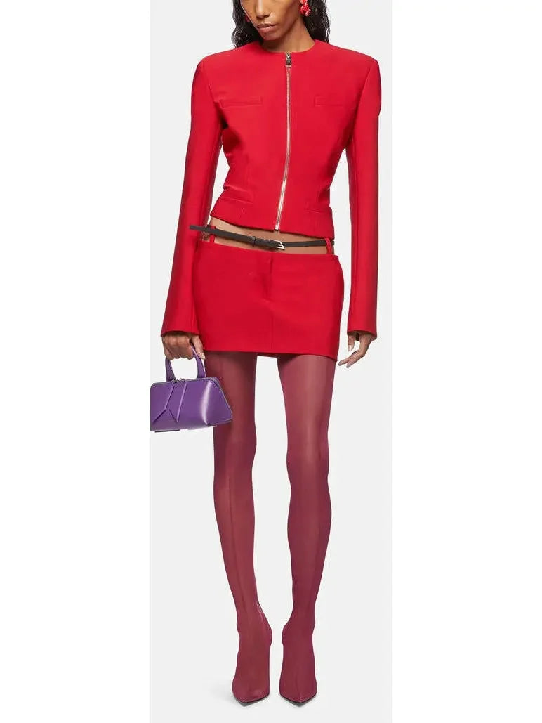 Belted Red Crepe Mini Skirt - Skirts