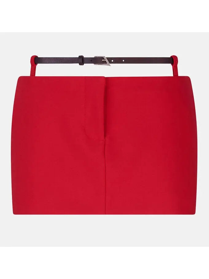 Belted Red Crepe Mini Skirt - Skirts