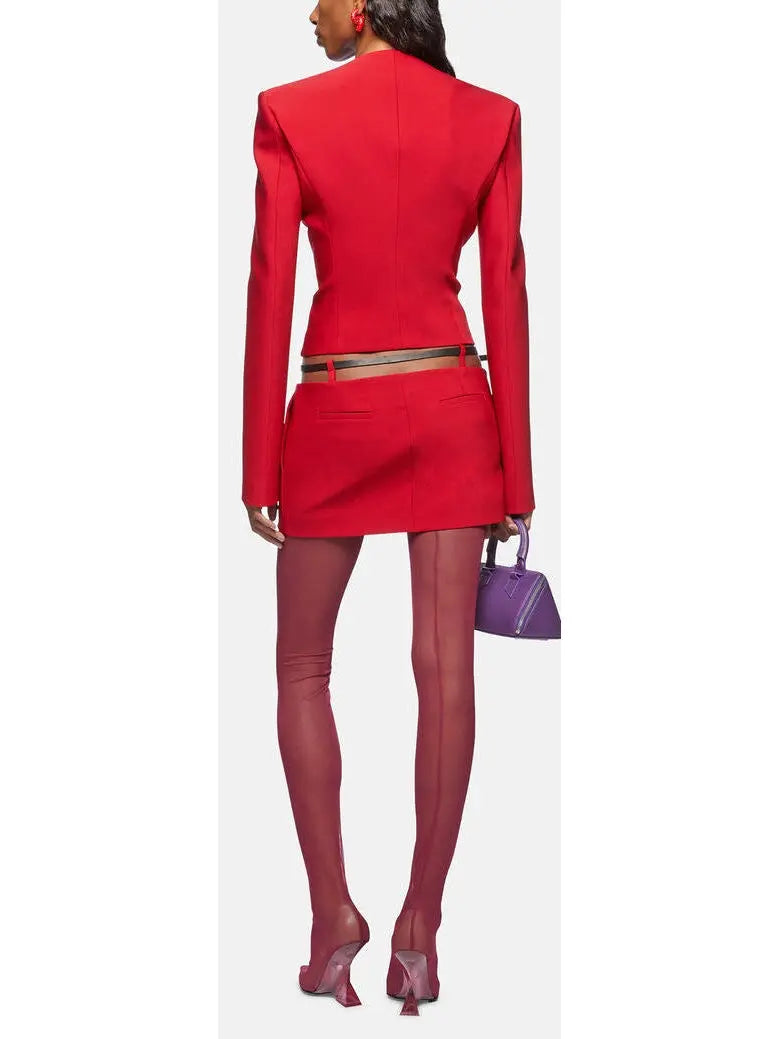 Belted Red Crepe Mini Skirt - Skirts