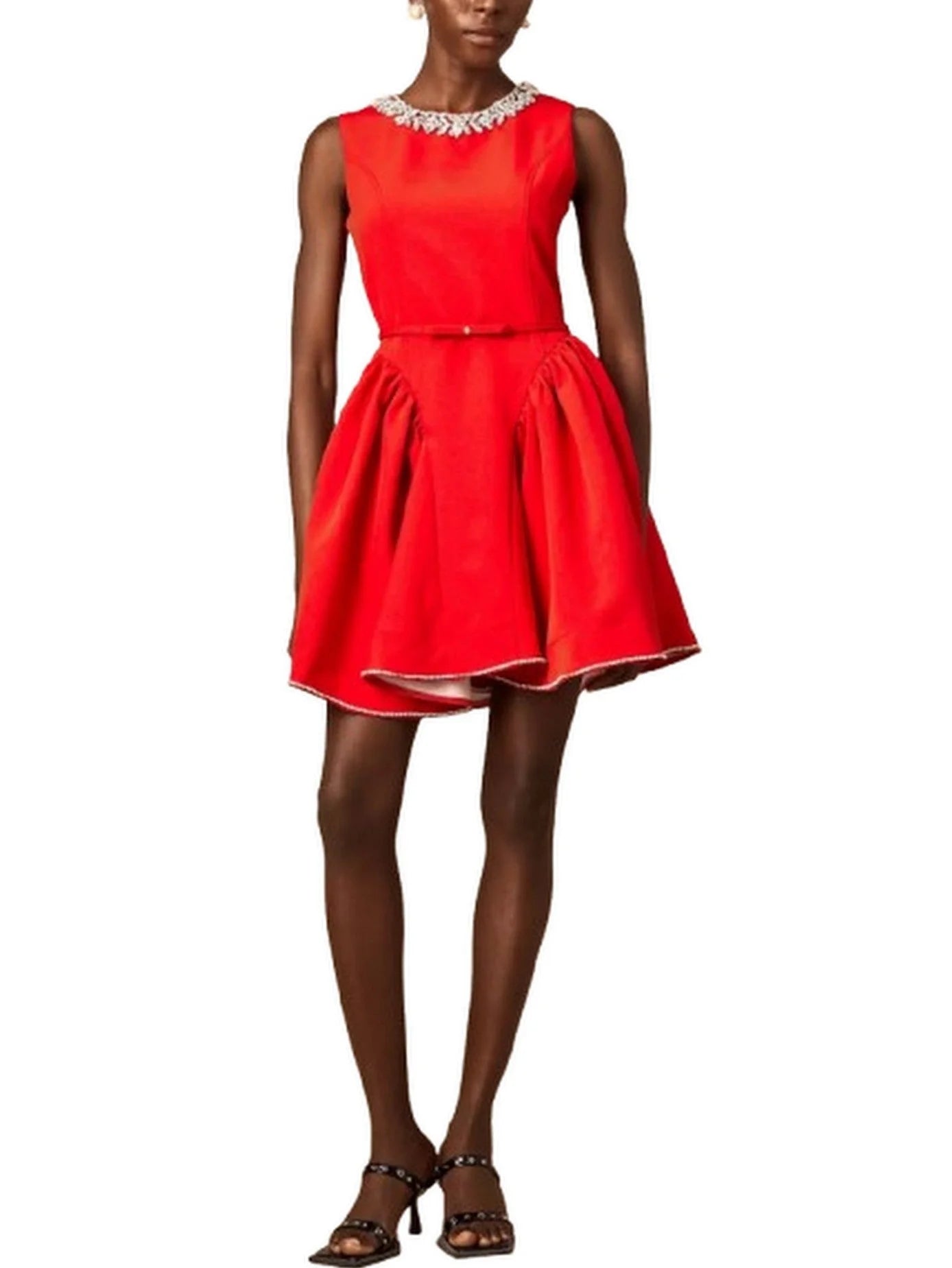 Belted Red Pleated Paneled Flared Mini Dress - Dresses