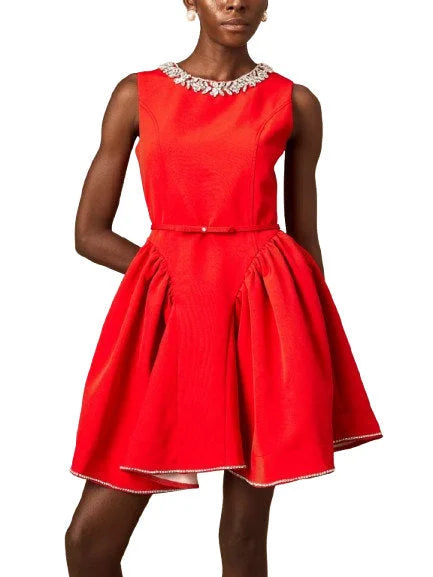 Belted Red Pleated Paneled Flared Mini Dress - Dresses