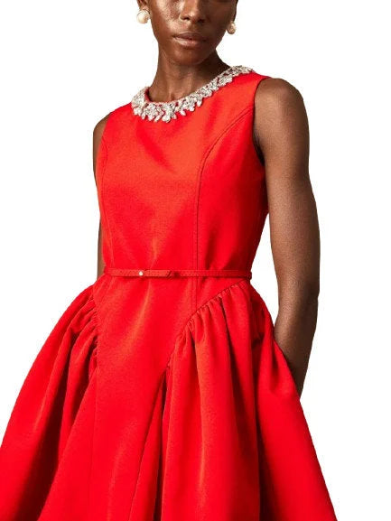 Belted Red Pleated Paneled Flared Mini Dress - Dresses