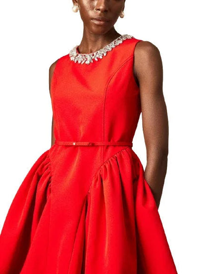 Belted Red Pleated Paneled Flared Mini Dress - Dresses
