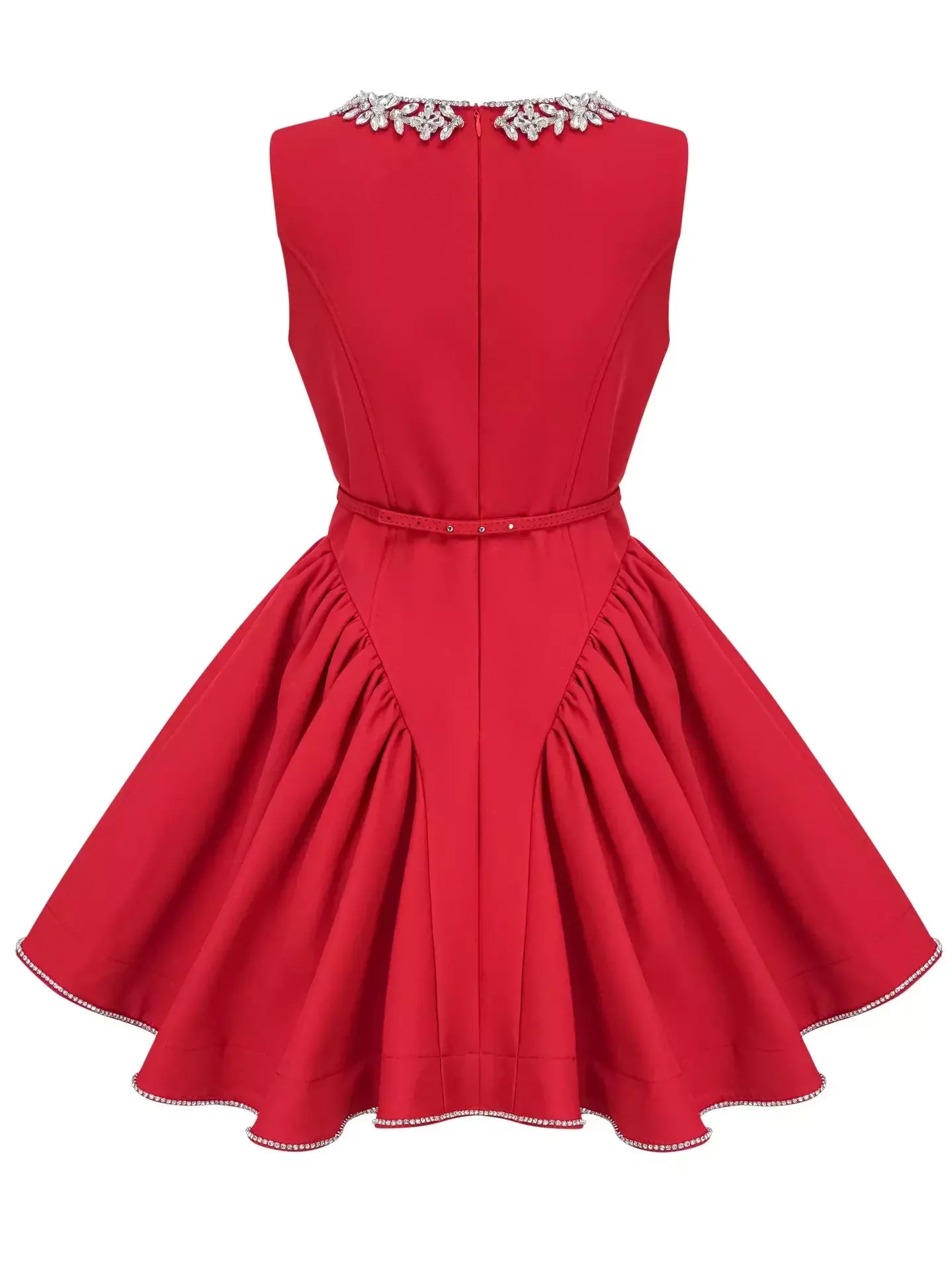 Belted Red Pleated Paneled Flared Mini Dress - Dresses