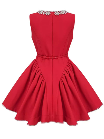 Belted Red Pleated Paneled Flared Mini Dress - Dresses