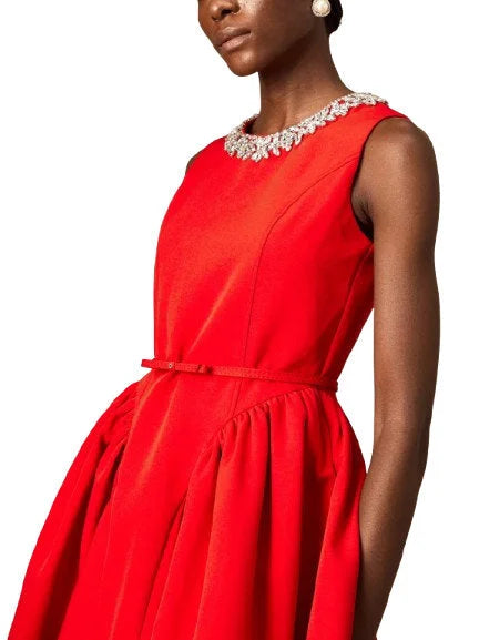 Belted Red Pleated Paneled Flared Mini Dress - Dresses