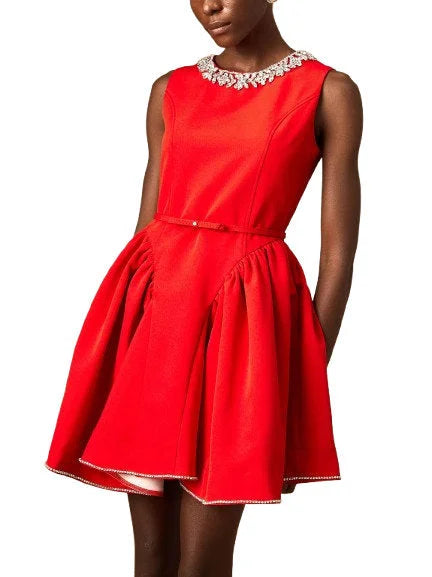 Belted Red Pleated Paneled Flared Mini Dress - Dresses