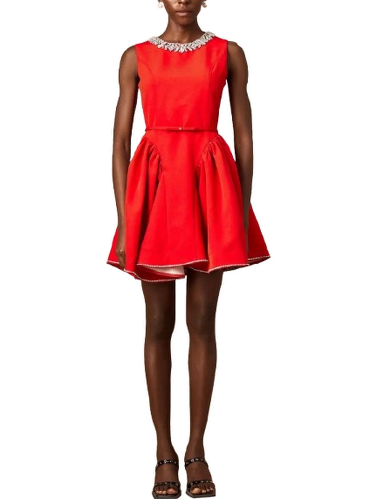 Belted Red Pleated Paneled Flared Mini Dress - Dresses