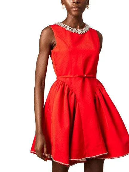 Belted Red Pleated Paneled Flared Mini Dress - Dresses