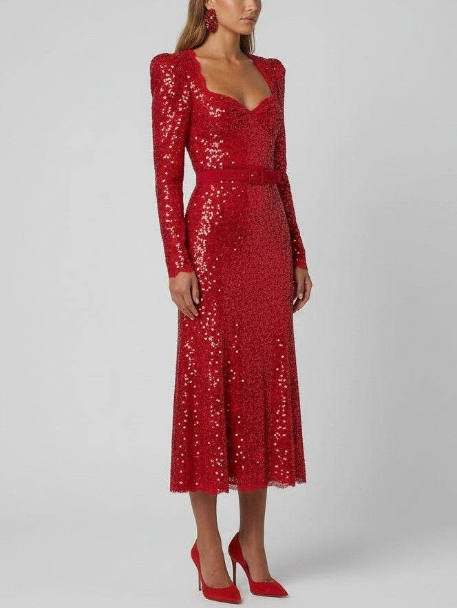 Belted Red Sequin Long-Sleeve Midi Dress - Dresses