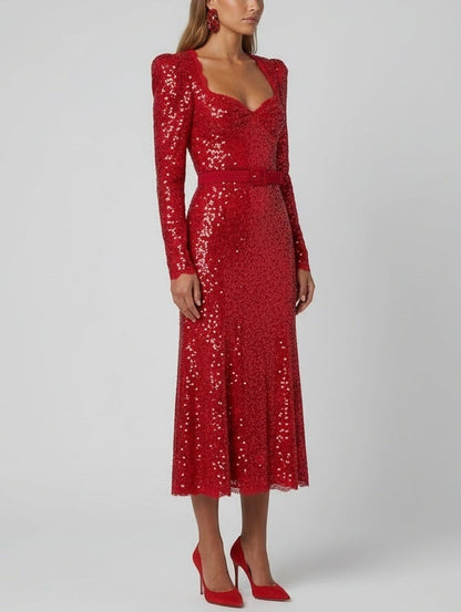 Belted Red Sequin Long-Sleeve Midi Dress - Dresses