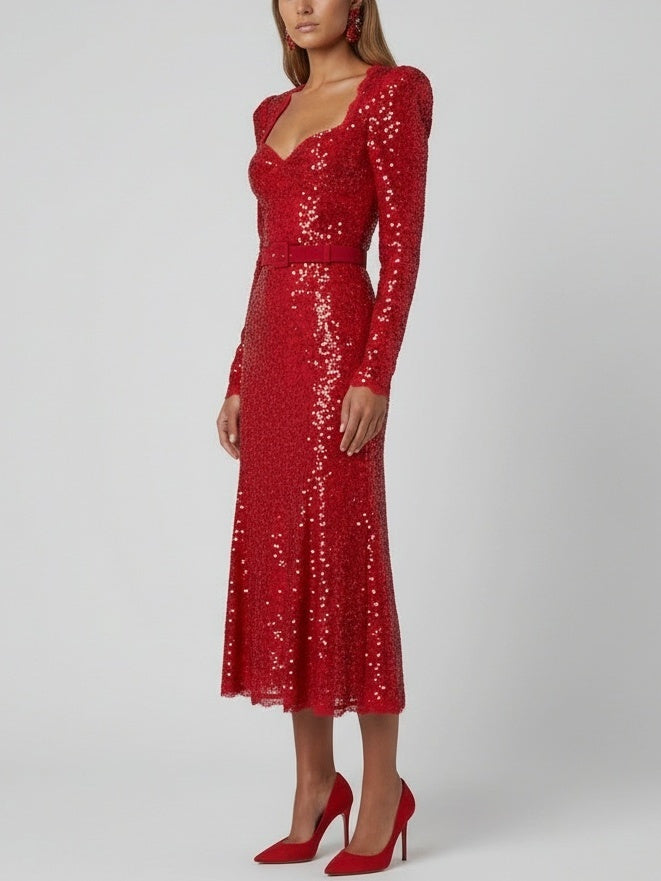Belted Red Sequin Long-Sleeve Midi Dress - Dresses