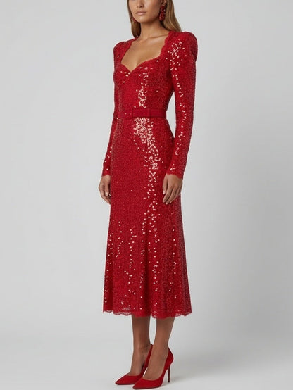 Belted Red Sequin Long-Sleeve Midi Dress - Dresses
