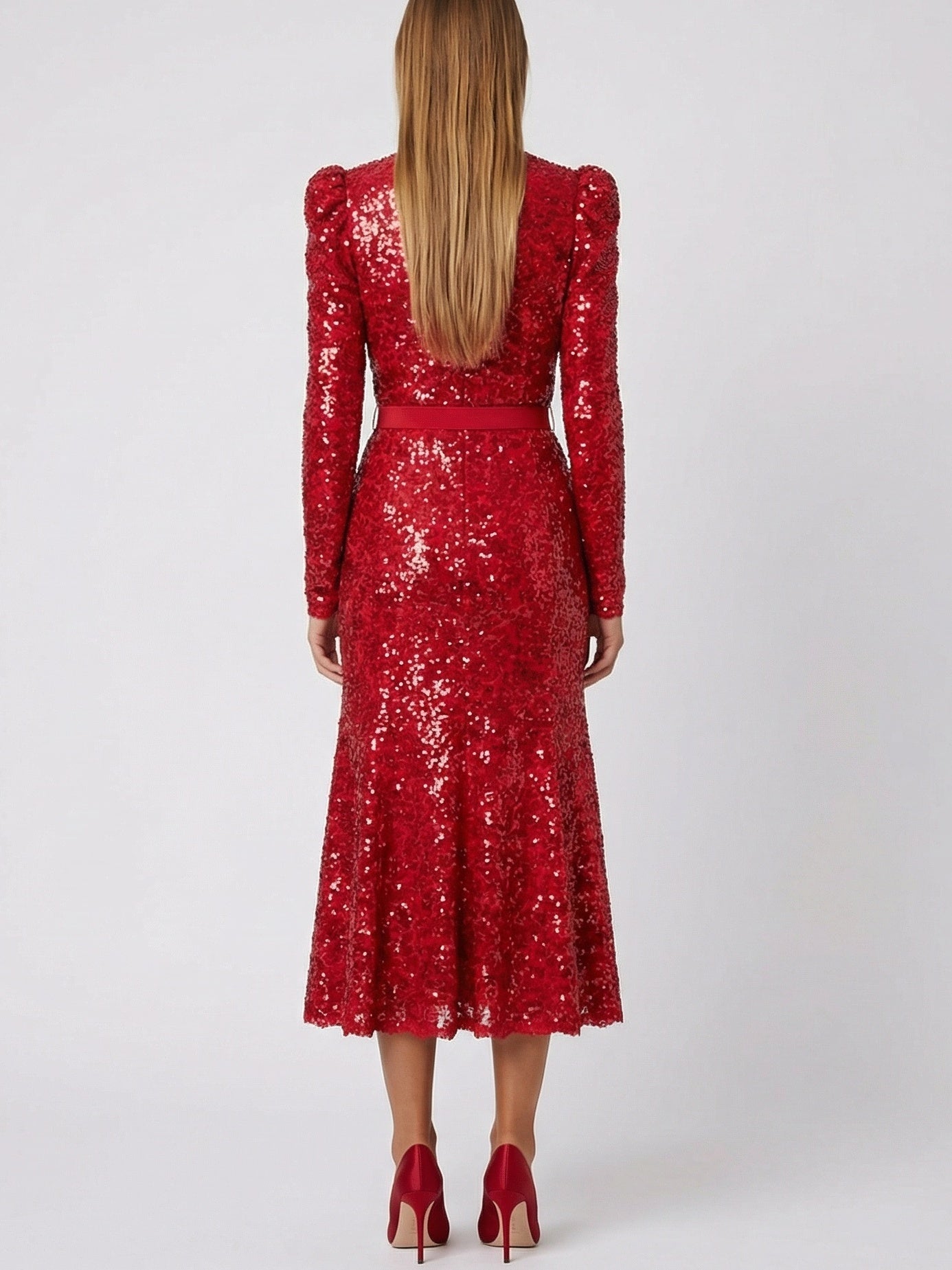 Belted Red Sequin Long-Sleeve Midi Dress - Dresses