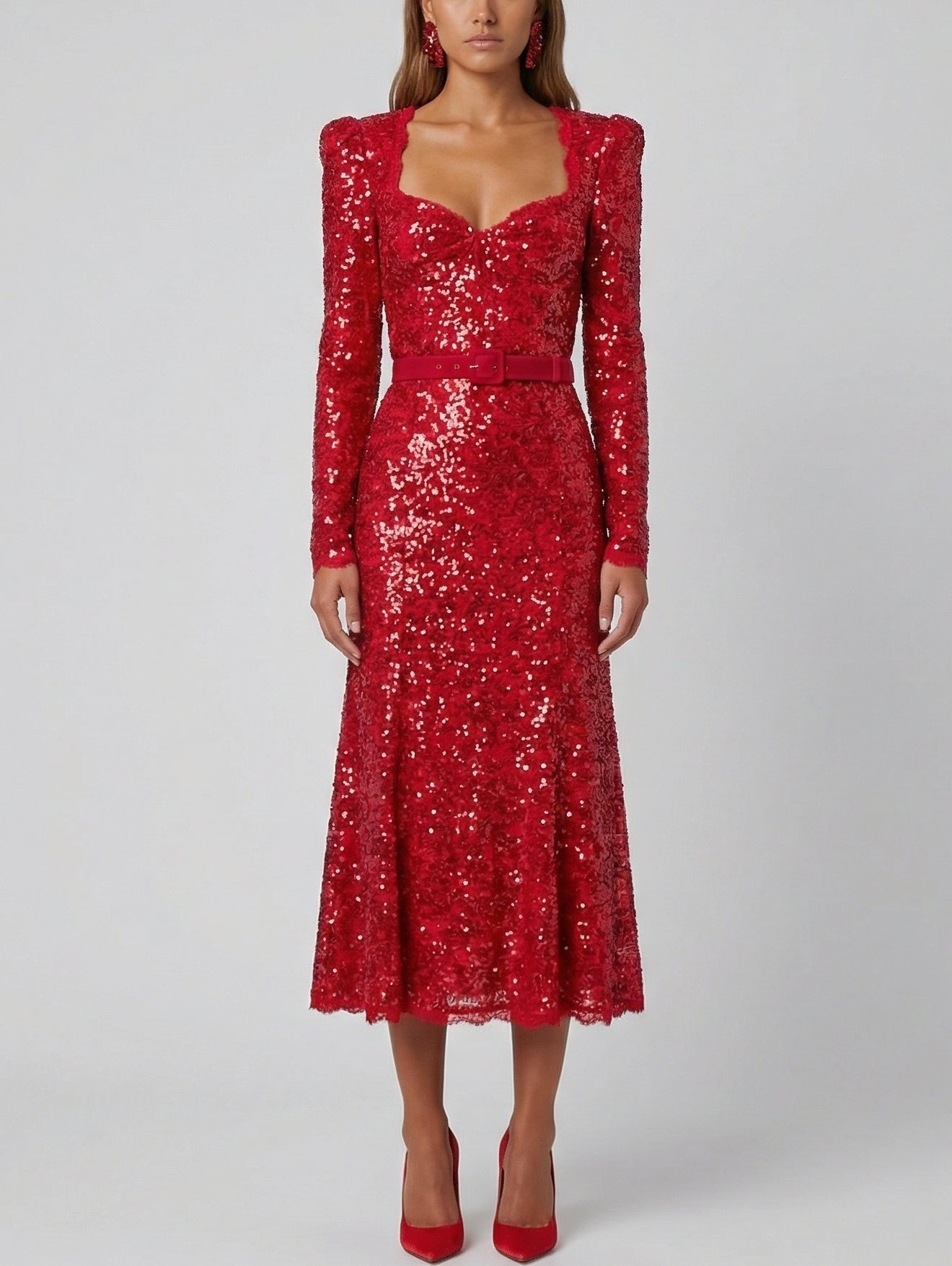 Belted Red Sequin Long-Sleeve Midi Dress - Dresses