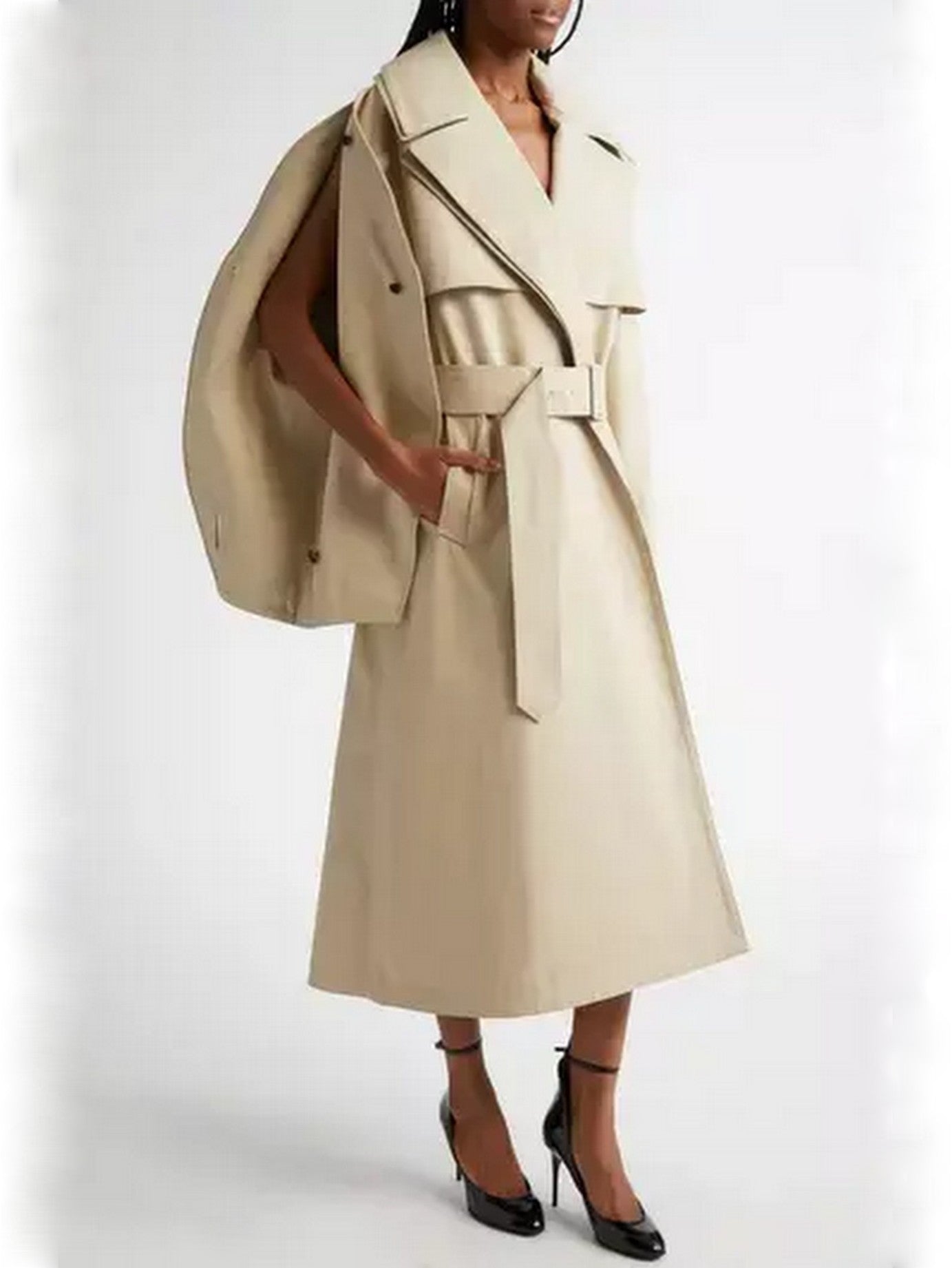 Belted Rounded-Split-Sleeve Trench Coat - Coats