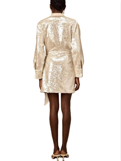 Belted Sequin-Embellished Wrap Mini Dress - Dresses