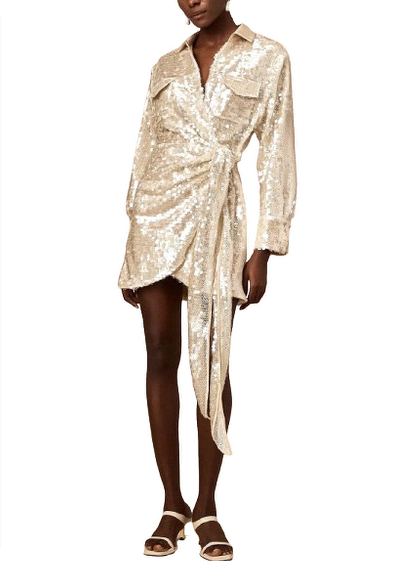 Belted Sequin-Embellished Wrap Mini Dress - Dresses