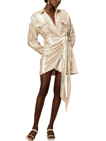 Belted Sequin-Embellished Wrap Mini Dress - Dresses