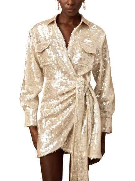 Belted Sequin-Embellished Wrap Mini Dress - Dresses
