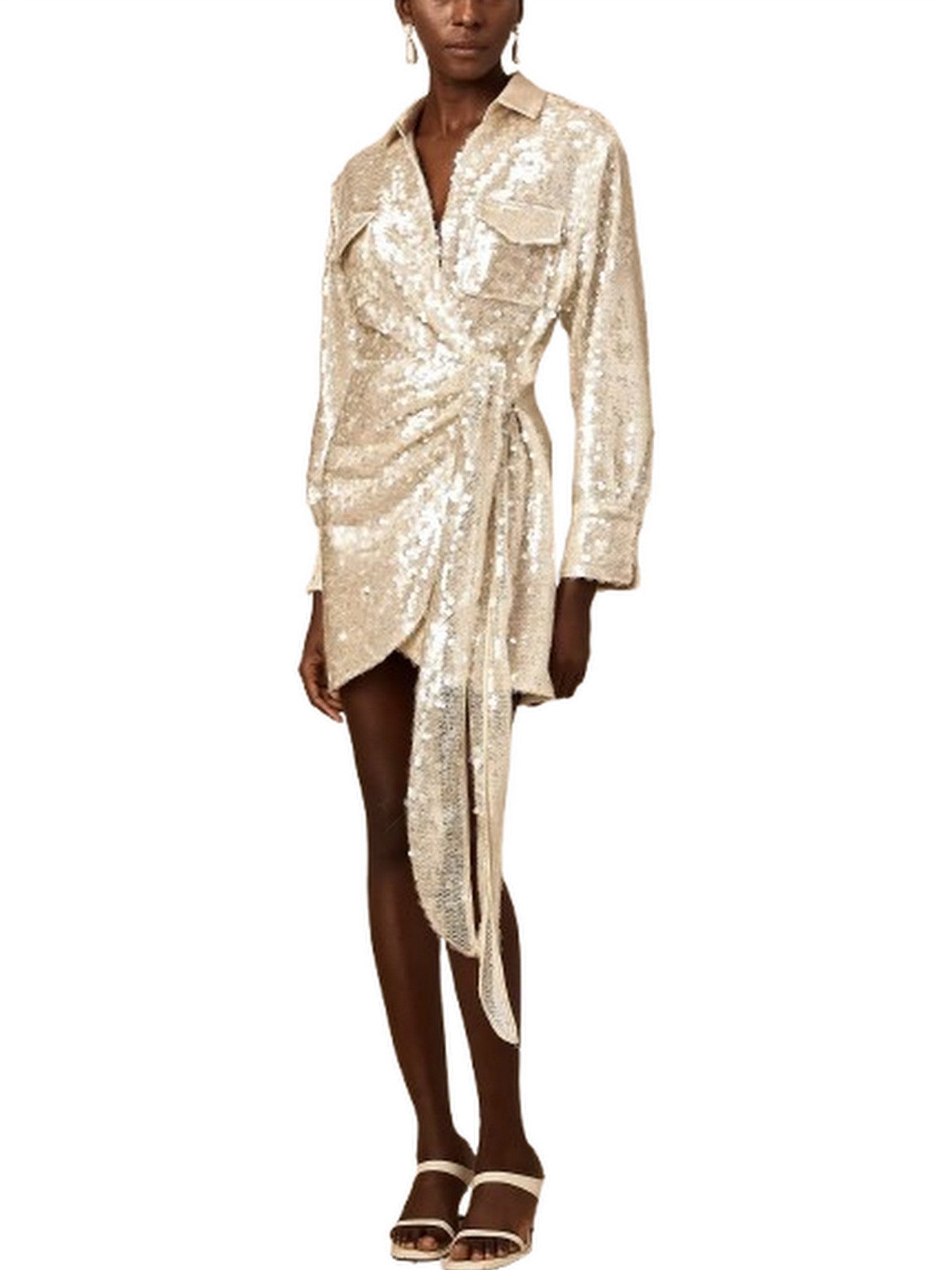 Belted Sequin-Embellished Wrap Mini Dress - Dresses