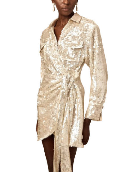 Belted Sequin-Embellished Wrap Mini Dress - Dresses