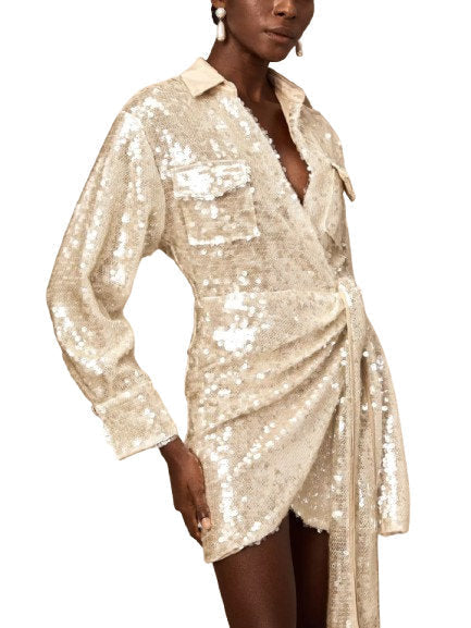 Belted Sequin-Embellished Wrap Mini Dress - Dresses