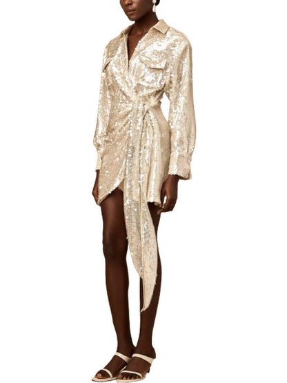 Belted Sequin-Embellished Wrap Mini Dress - Dresses