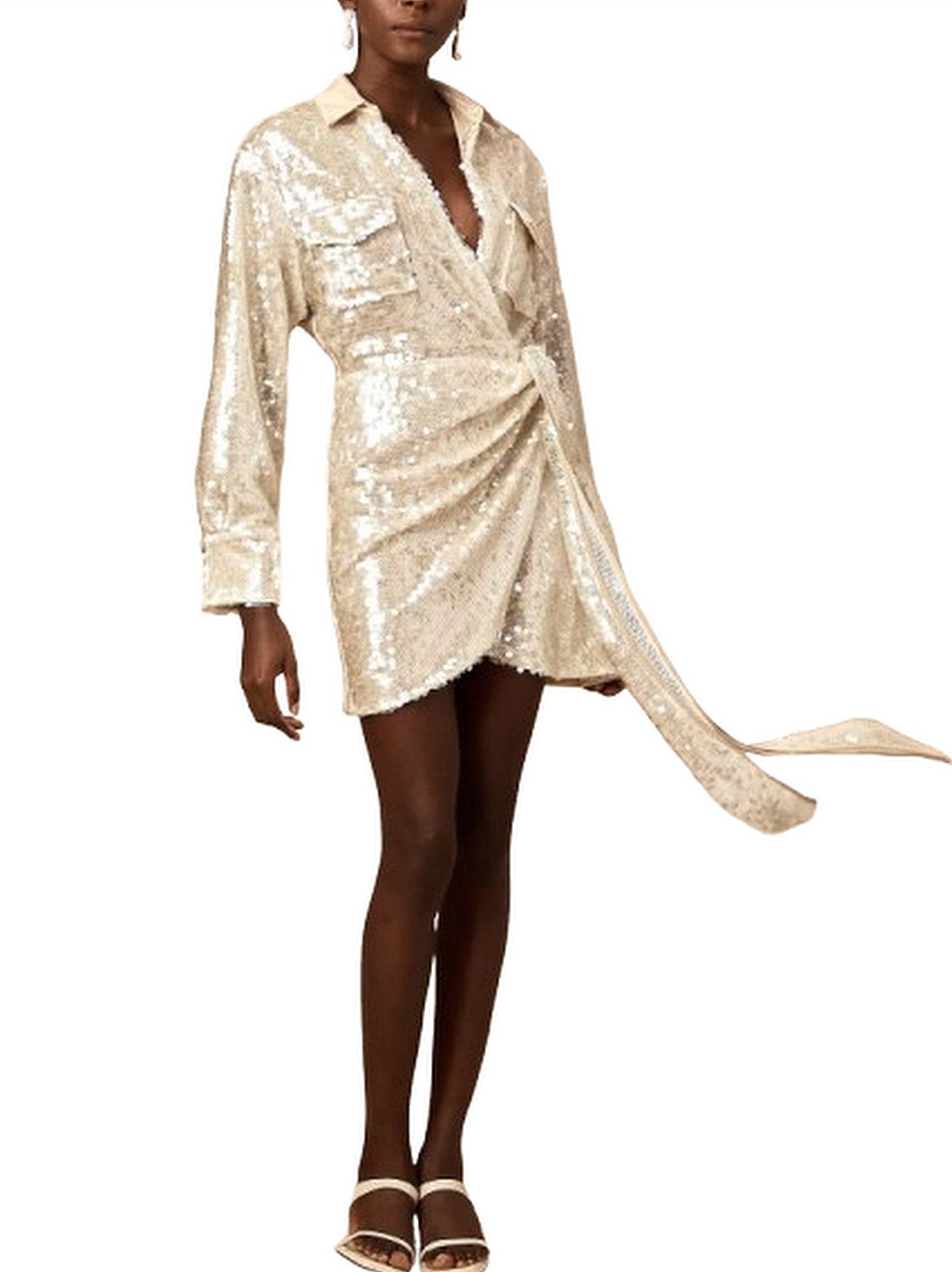 Belted Sequin-Embellished Wrap Mini Dress - Dresses