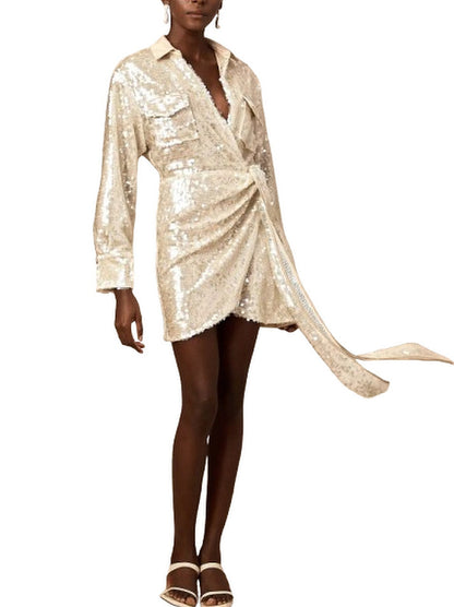 Belted Sequin-Embellished Wrap Mini Dress - Dresses