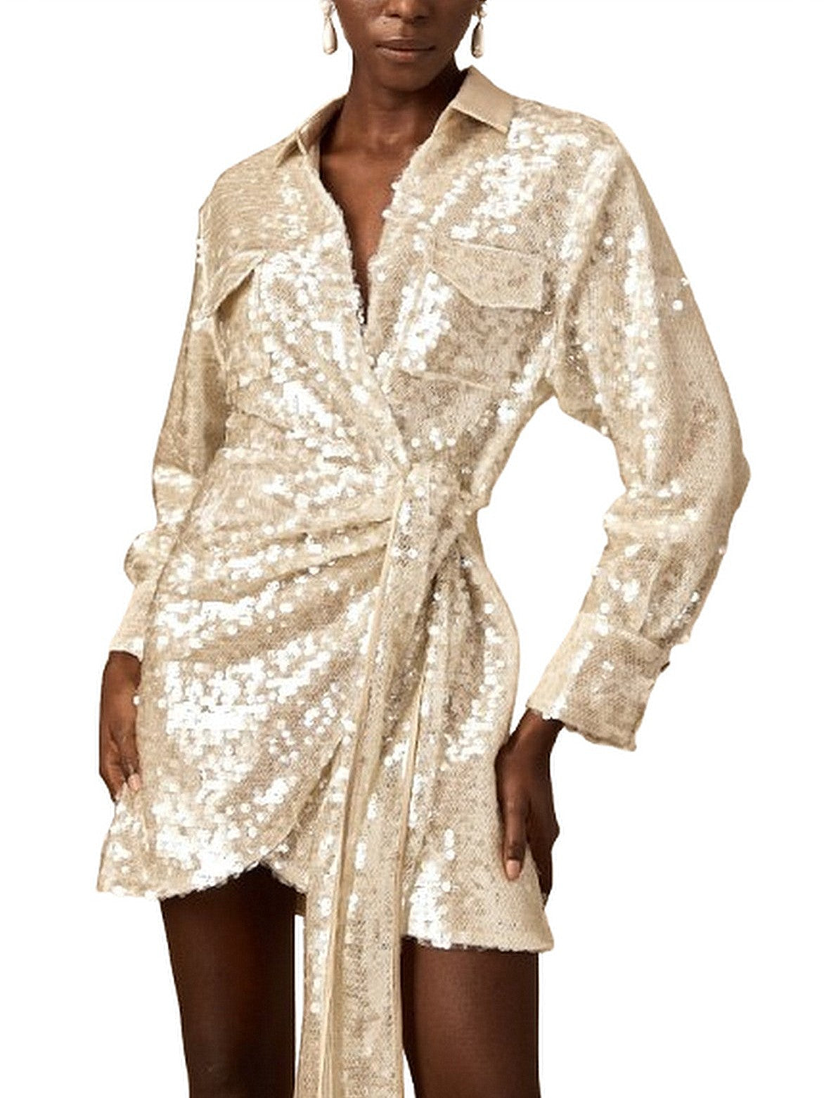 Belted Sequin-Embellished Wrap Mini Dress - Dresses