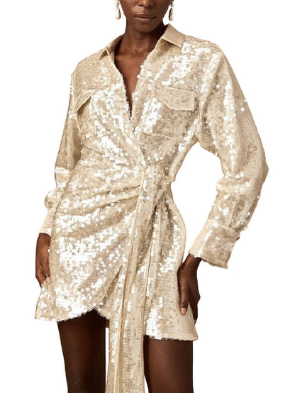 Belted Sequin-Embellished Wrap Mini Dress - Dresses