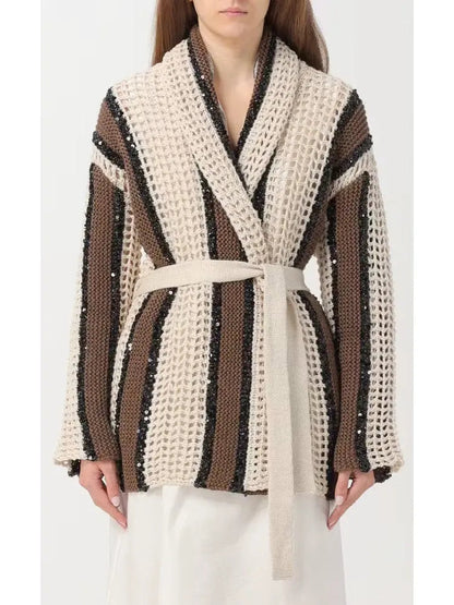 Belted Sequined Stripe Wrap-Around Cardigan - Sweaters & Knitwear