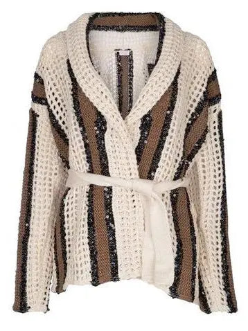 Belted Sequined Stripe Wrap-Around Cardigan - Sweaters & Knitwear