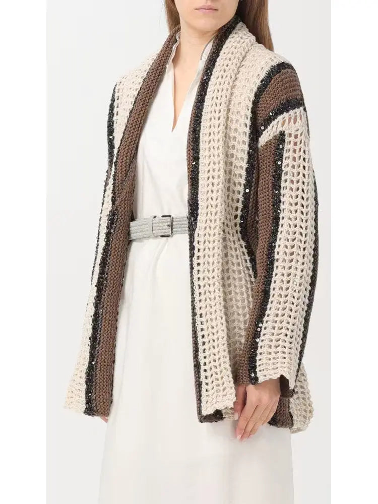 Belted Sequined Stripe Wrap-Around Cardigan - Sweaters & Knitwear