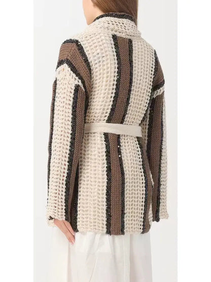 Belted Sequined Stripe Wrap-Around Cardigan - Sweaters & Knitwear