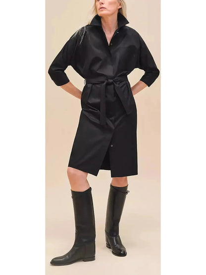 Belted Shirt Dress in Cotton Twill Black - small - Dresses