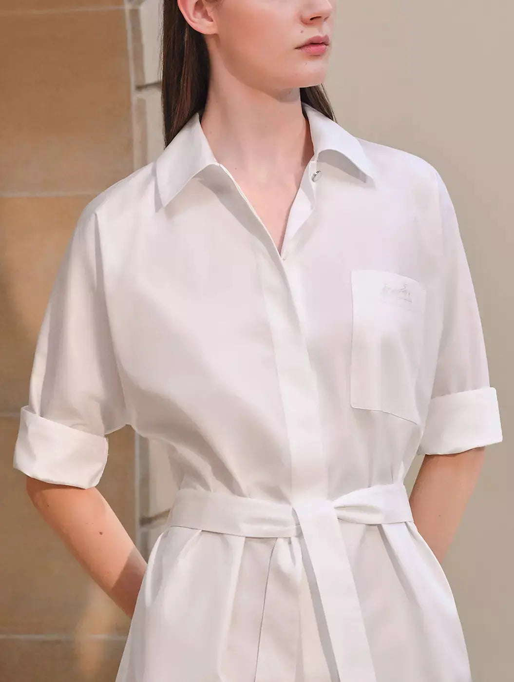 Belted Shirt Dress in Cotton Twill White - Dresses